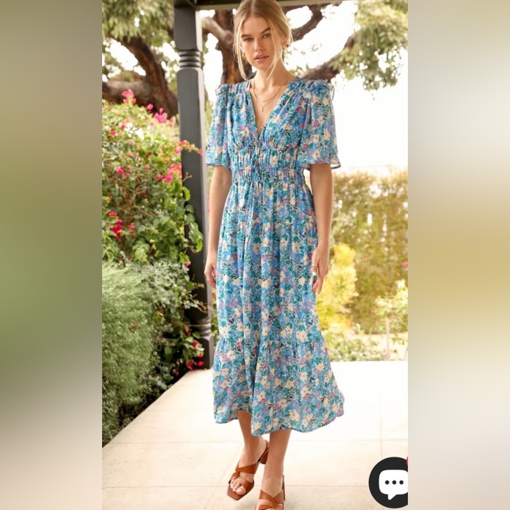Greylin Blue Floral Midi Dress, Size Medium